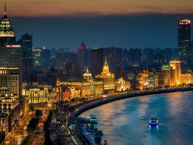 Ночной город Шанхай в Китае