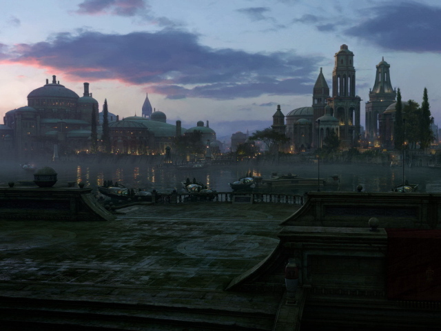 Крыша здания в вечернем городе