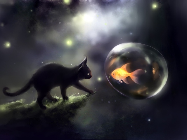 Черный котенок и золотая рыбка, арт