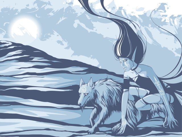 Девушка и волк в горах