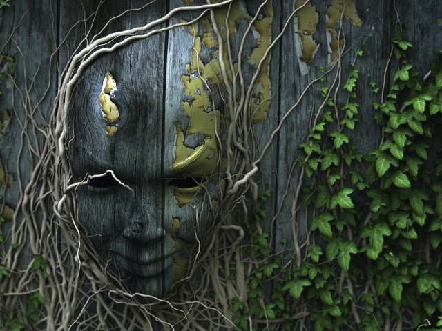 Лицо на деревянном заборе, увитое плющом