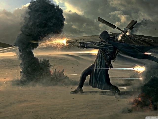 Солдат в черном плаще стреляет из оружия