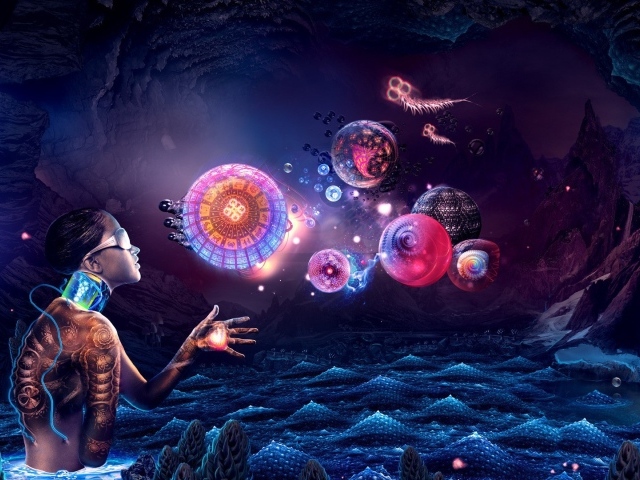 Андроид смотрит на абстрактные сферы