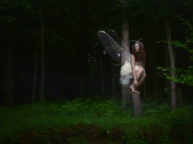 Девушка фея среди деревьев в чаще леса