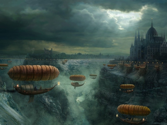 Полеты на дирижаблях над обмелевшей рекой