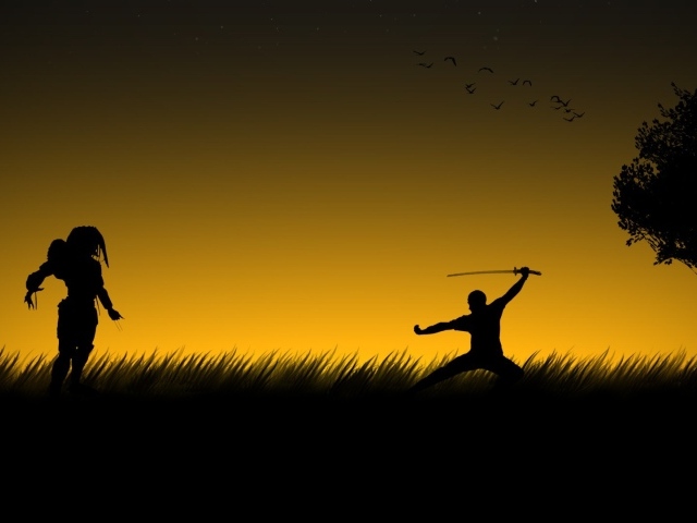 Хищник и Чужой в поле на закате