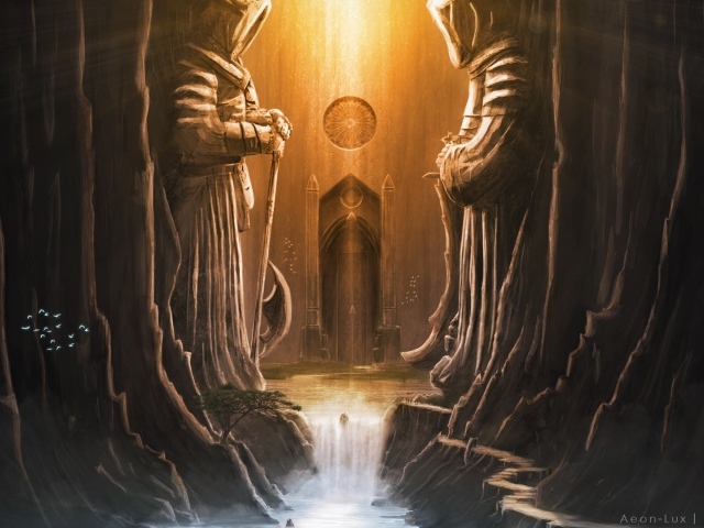 Каменный стражи у входа в храм, фэнтези