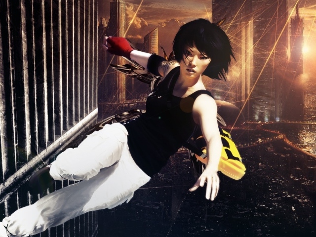 Девушка бежит по стене небоскреба