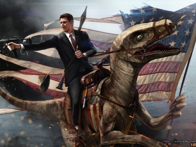 Президент США верхом на динозавре