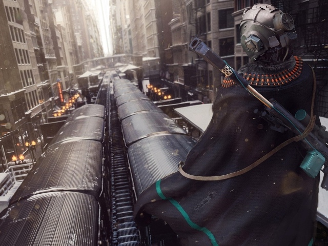 Воин в шлеме на крыше поезда метро
