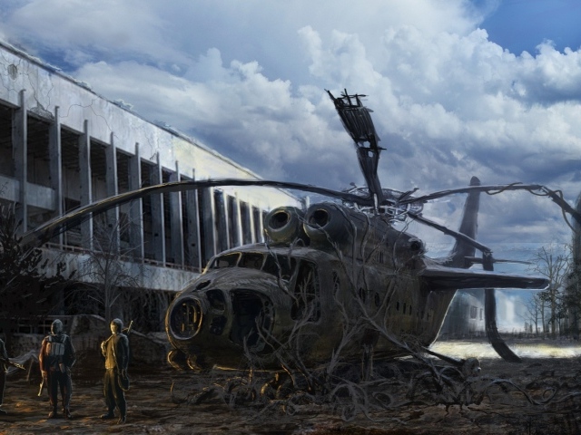 Разбитый вертолет зарос, постапокалипсис