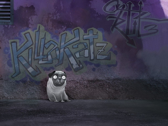 Собака около стены с надписью