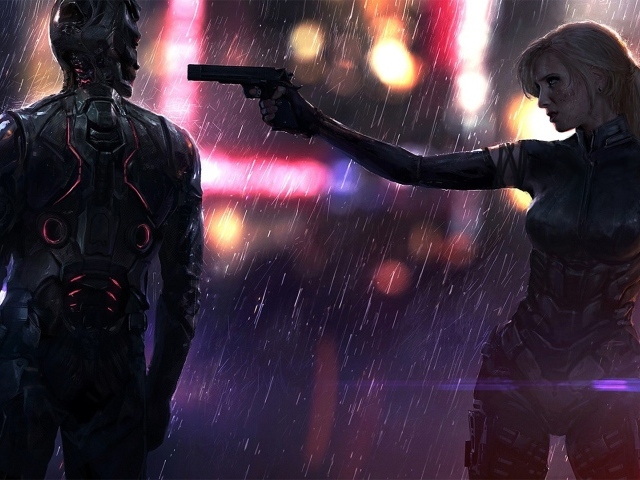 Человек и робот в игре Cyberpunk 2077
