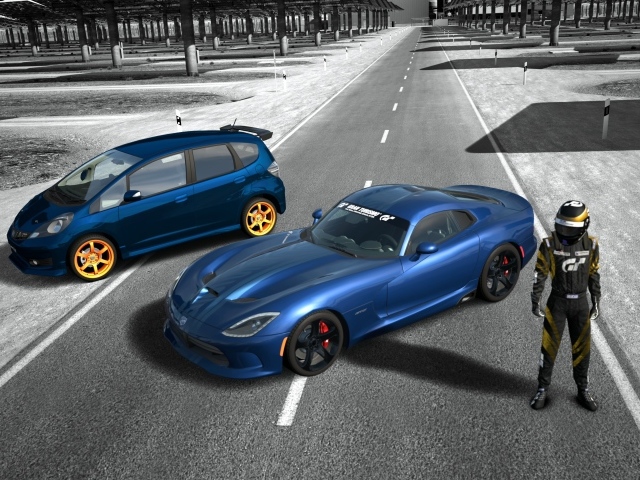 Гонщик с автомобилями в игре Gran Turismo 6