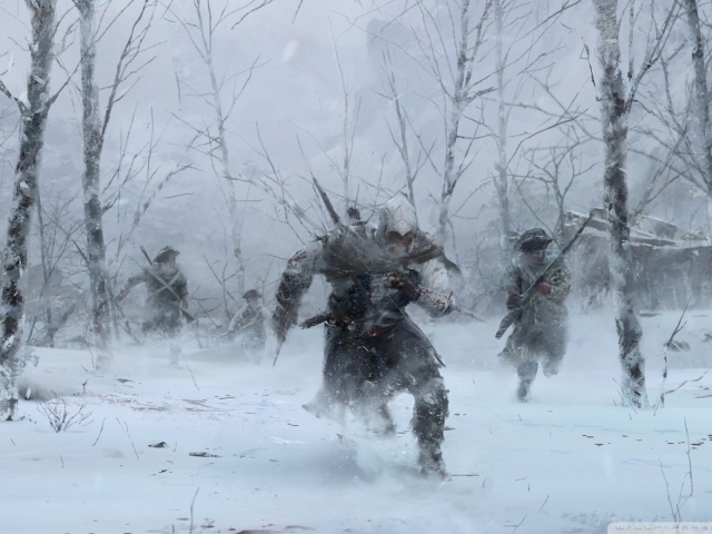Солдаты в зимнем лесу в игре Assassin's Creed
