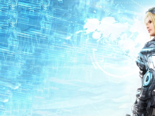 Девушка из игры Starcraft II, голубой фон