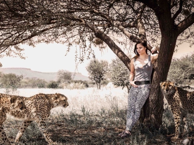 Девушка среди леопардов