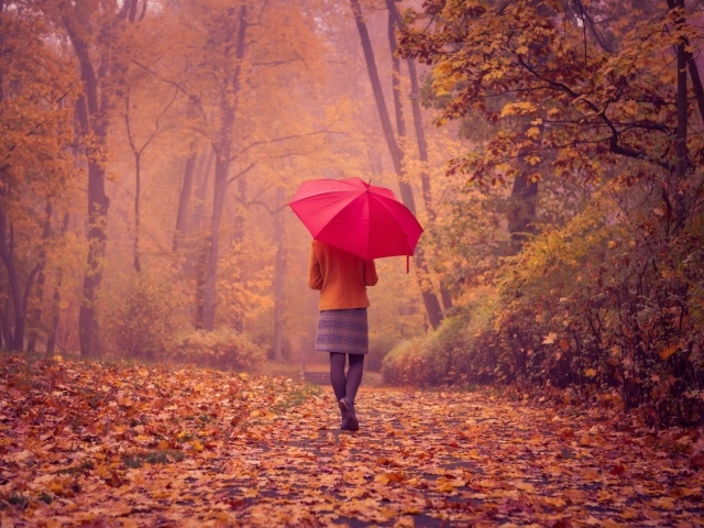 Девушка с красным зонтом идет по аллее
