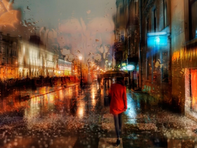 Девушка в красном пальто идет под дождем