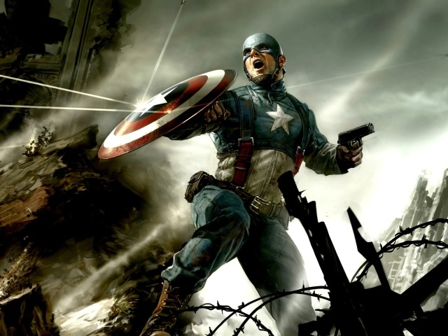 Капитан Америка отражает пули щитом