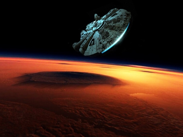 Корабль Millenium Falcon над красной планетой