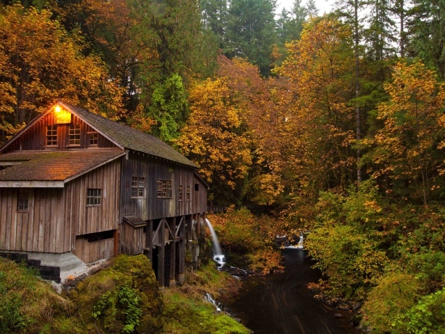 Деревянный дом над речушкой в лесу