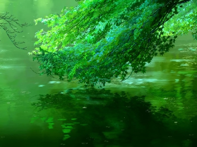 Зеленая ветка склонилась над водой