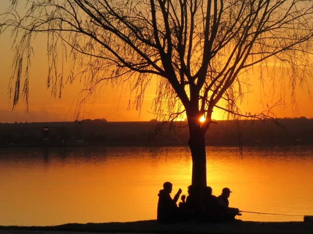 Рыбаки отдыхают под деревом на закате