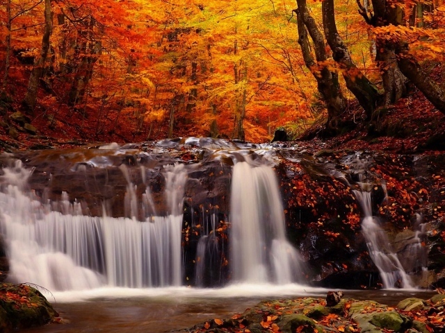 Водопад на камнях в осеннем лесу