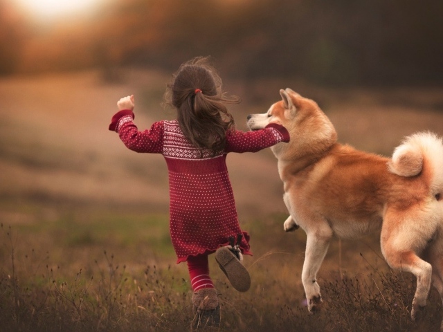 Девочка бежит по полю с собакой