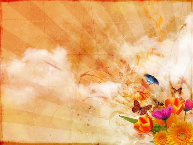 Цветы и бабочки на облаках