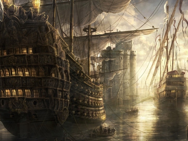 Старинные парусные корабли в порту