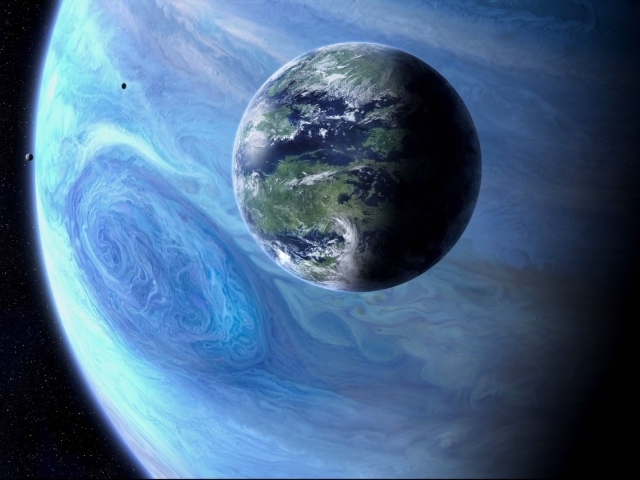 Земля на фоне голубого Юпитера