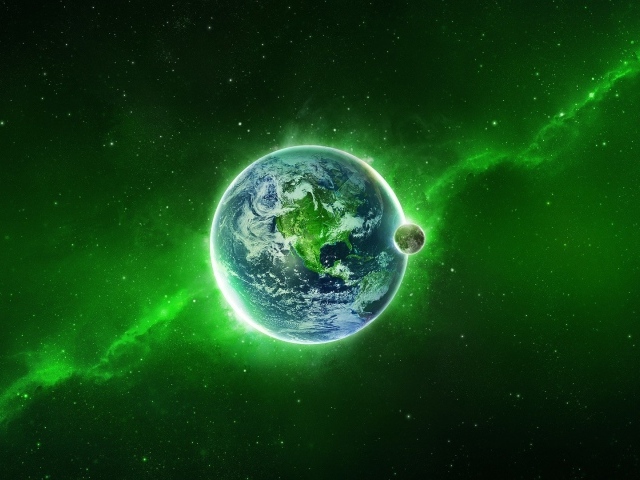 Наша планета на фоне зеленой туманности