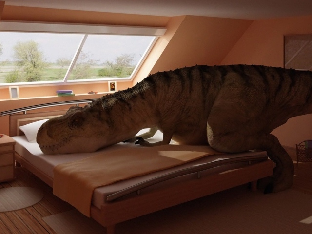 Динозавр прилег на кровать
