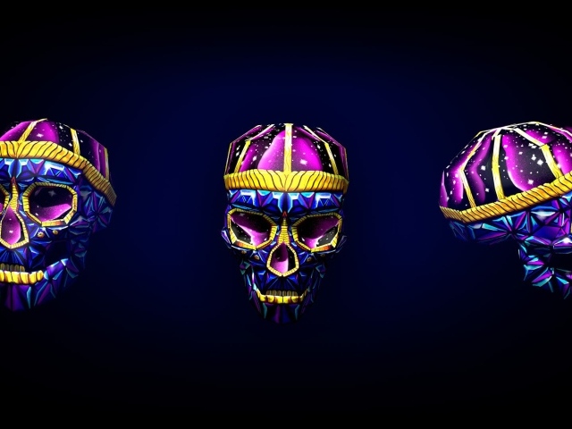 Яркие черепа на черном фоне, 3-Д графика