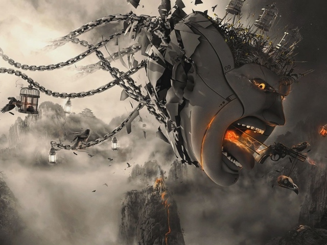 Летающая голова с цепями, 3-Д графика