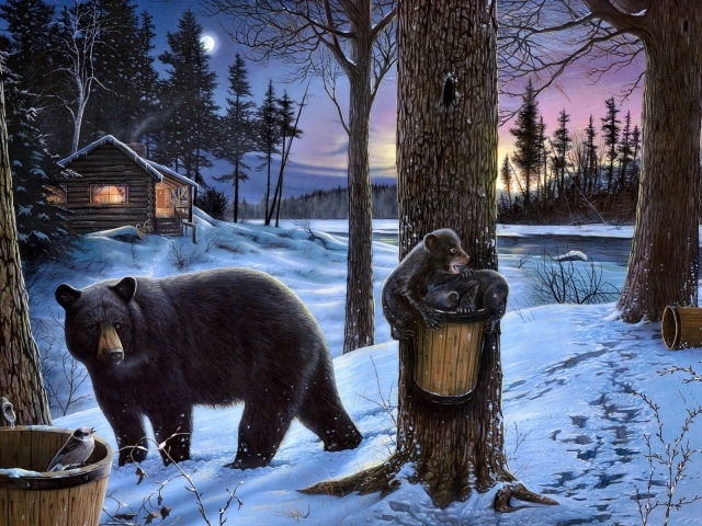 Медведица с медвежатами у избы лесника