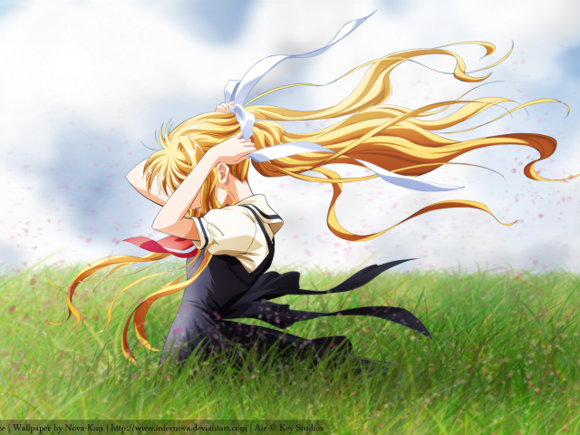 Девушка аниме среди поля в ветреный день