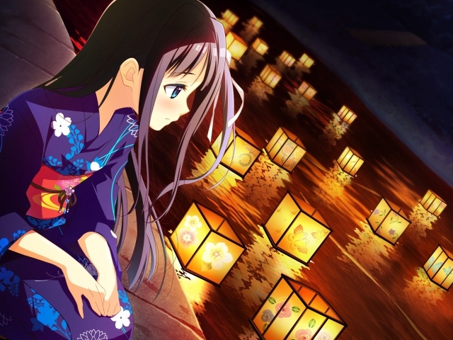 Аниме девушка в кимоно смотрит на фонарики