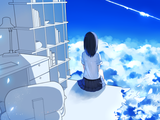 Девушка аниме в разрушенном доме над облаками