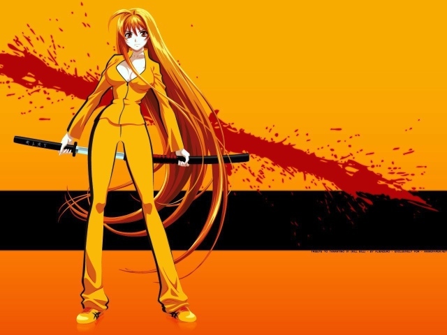 Аниме девушка на оранжевом фоне с катаной