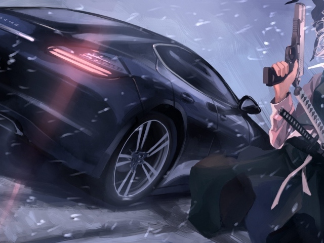 Вооруженный персонаж аниме и Porsche Panamera