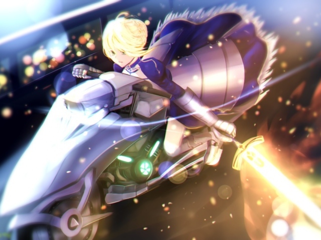 Блондинка Сайбер мчится на мотоцикле в аниме Fate Series