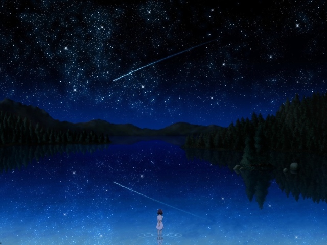 Комета в звездном небе над озером, аниме