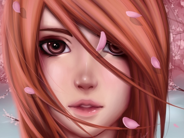 Лицо девушки аниме в лепестках сакуры