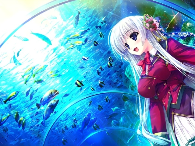 Девушка в океанариуме в аниме Натюрморт в серых тонах