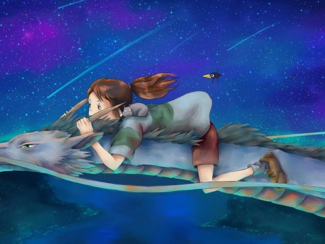 Девочка верхом на драконе в аниме Унесённые призраками