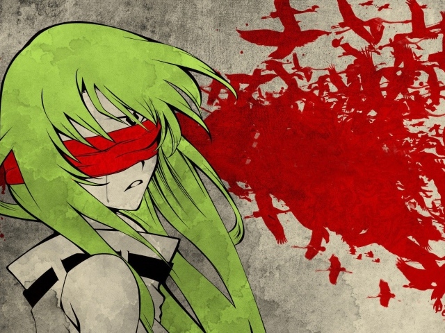 Зеленоволосая девушка с красной повязкой на глазах, аниме Code Geass