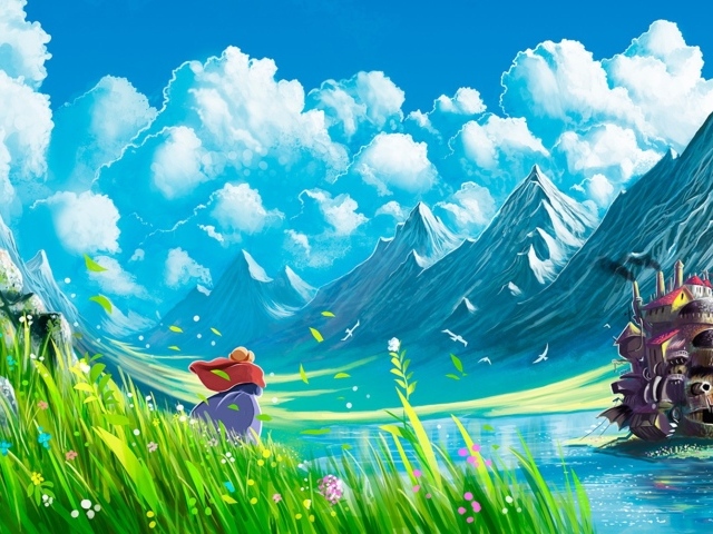 Девушка в горах в аниме Ходячий замок